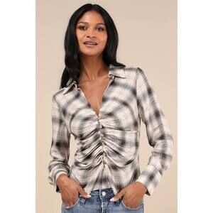 Lulus Countryside Style Beige And Navy Plaid Button-front Top - Size M